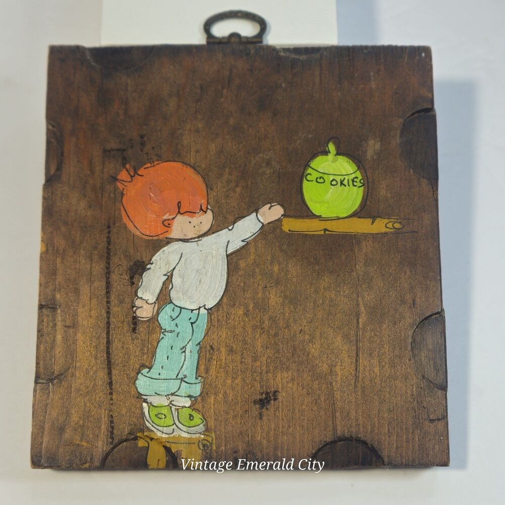 Vtg Wooden Canvas Hand Carved Child & Green Cookie Jar Paint Touch Of Happiness
